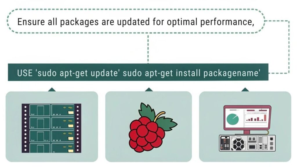 An infographic about updating and installing necessary packages for building a MIDI sampler with a Raspberry Pi.