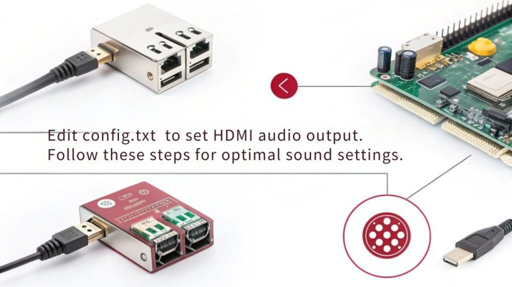 An infographic detailing the step-by-step tutorial for editing configuration files to configure HDMI audio output on Raspberry Pi. 