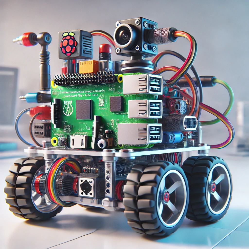 Compact robot project using a specialized robotics Raspberry Pi hat on a Raspberry Pi to power motors and servos.