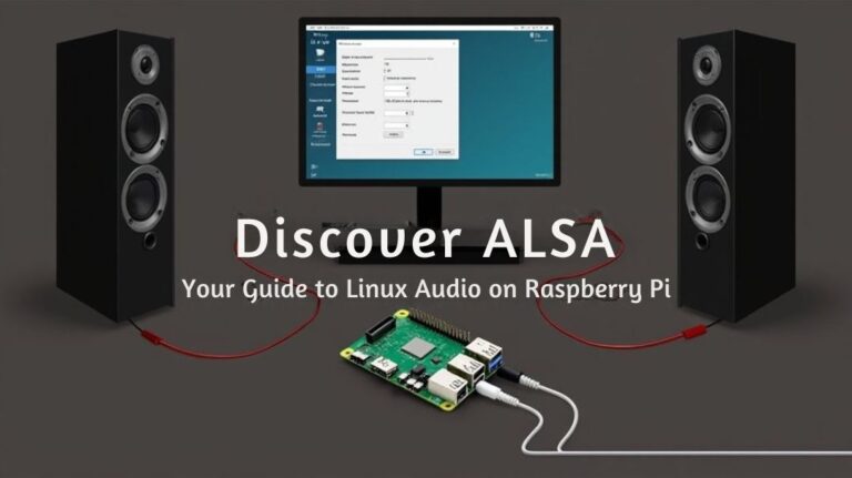 A realistic image depicting a Raspberry Pi setup with an audio interface, connected speakers, and a monitor displaying ALSA configuration settings.