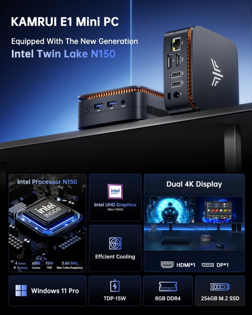 Showing all of the features of the KAMRUI E1 Mini PC. The N150 CPU, UHD Graphics, Dual 4K Display Support, efficient cooling, memory and storage