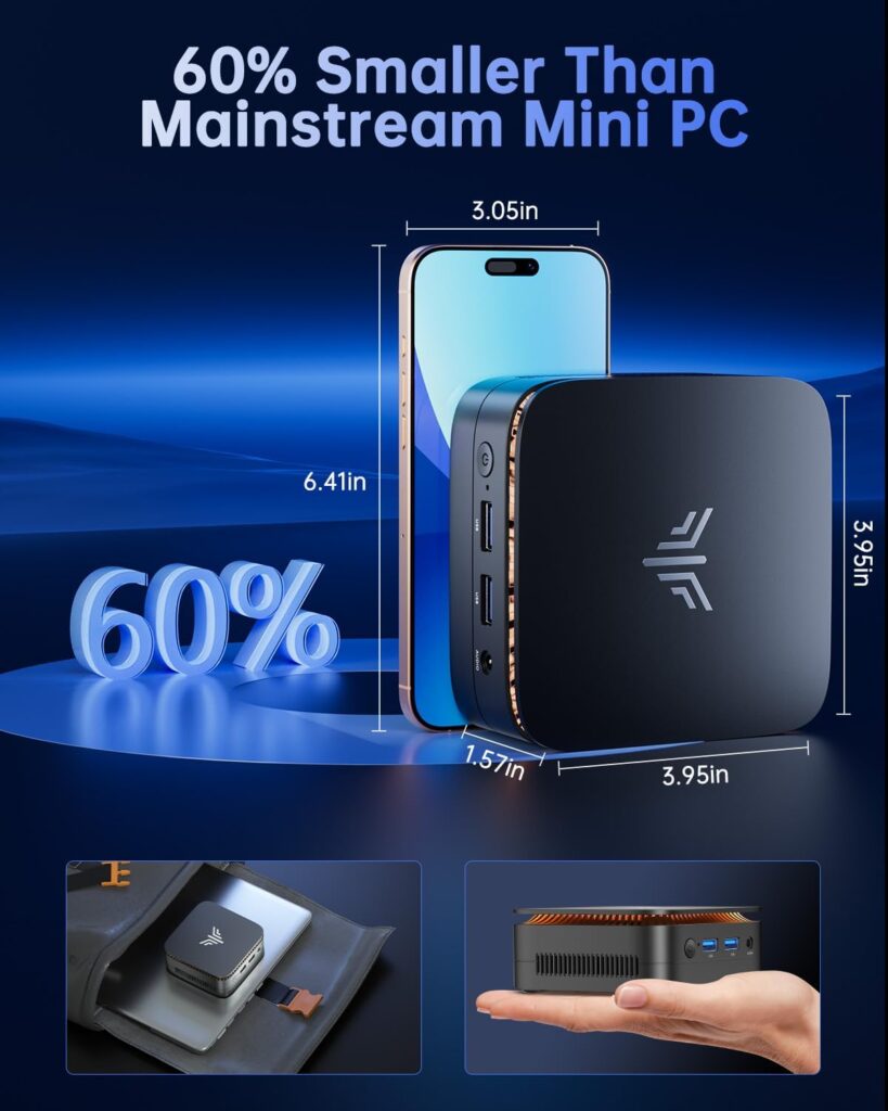 Comparing the size of the KAMRUI E1 Mini PC to a cell phone