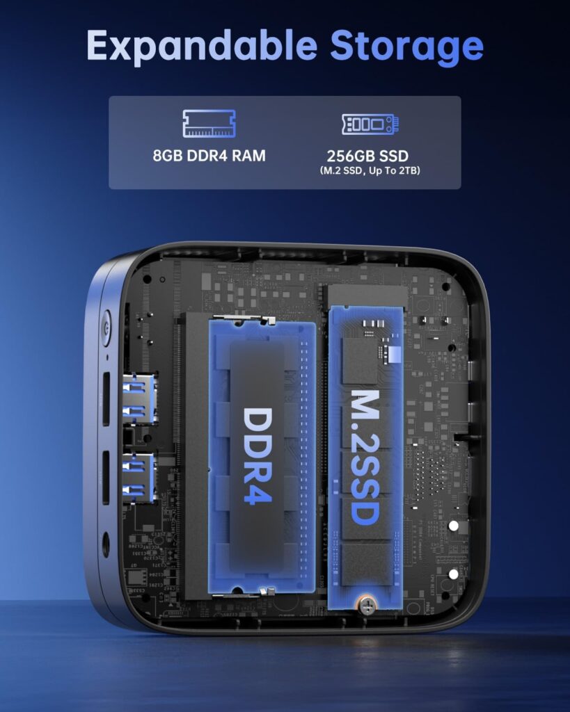 Showing the memory and storage of the KAMRUI E1 Mini PC how the SSD is expandable to 2 TB while memory is fixed at 8 GB