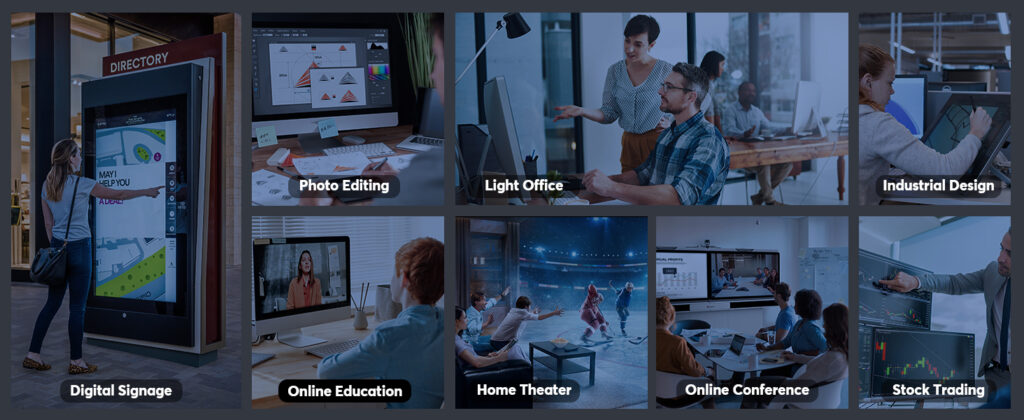 Highlighting various use cases of the KAMRUI E1 Mini PC, including photo editing, light office, industrial design, and digital signage