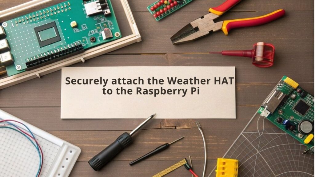 A realistic image depicting the installation of the Weather HAT on a Raspberry Pi, showcasing tools and components around a workbench. A step in building a weather station with a Raspberry Pi