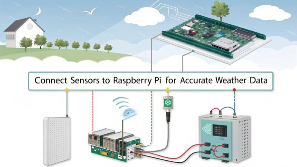 A realistic image depicting the process of connecting sensors to a Raspberry Pi weather station setup. Include various sensors like temperature, humidity, and barometric pressure, with clear wiring connections.