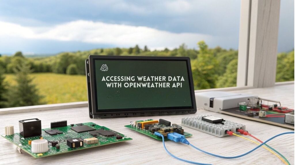 A realistic image of a weather station with a Raspberry Pi setup displaying weather data on a screen, surrounded by sensors and components. The background features a serene outdoor scene.