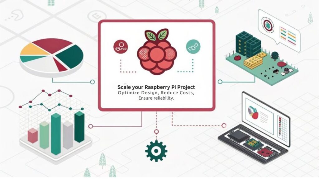 An infographic depicting the key considerations for designing Raspberry Pi projects for mass production. Focus on scalability, cost-efficiency, and market viability.