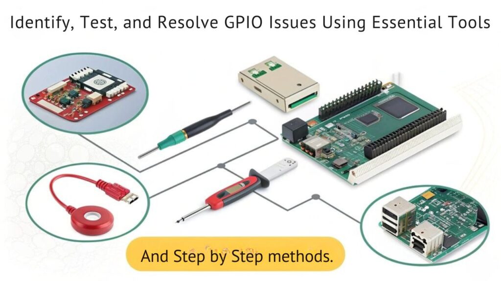 An infographic showcasing troubleshooting tools for common Raspberry Pi GPIO connection issues. Highlight visual guides, common problems, and solutions.