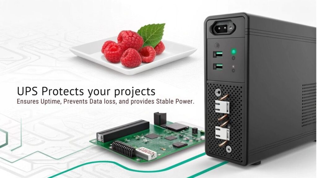 An infographic showcasing the Importance of Using a UPS on a Raspberry Pi. Highlight benefits like data protection and uninterrupted power.