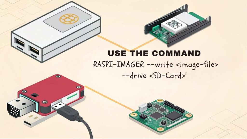 An infographic illustrating the steps to write an OS image to an SD card using the Raspberry Pi Imager CLI.