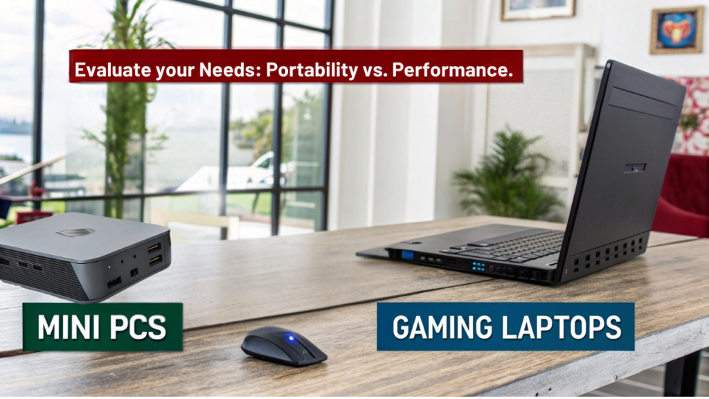 An infographic comparing Mini PCs vs Gaming Laptops, highlighting their pros and cons.