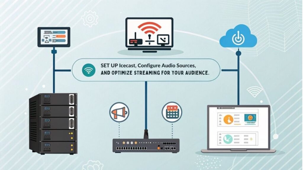 An infographic about configuring an Icecast server on a Mini PC for streaming. Highlight essential steps from beginner to pro, including setup, troubleshooting, and best practices.