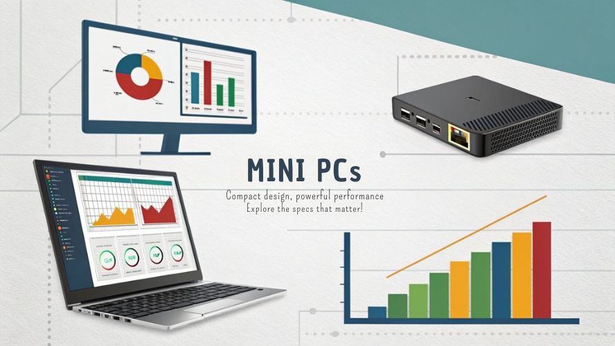 An infographic showcasing the technical specifications of Mini PCs, highlighting performance metrics and comparisons. Focus on processing power, memory, and graphics capabilities.