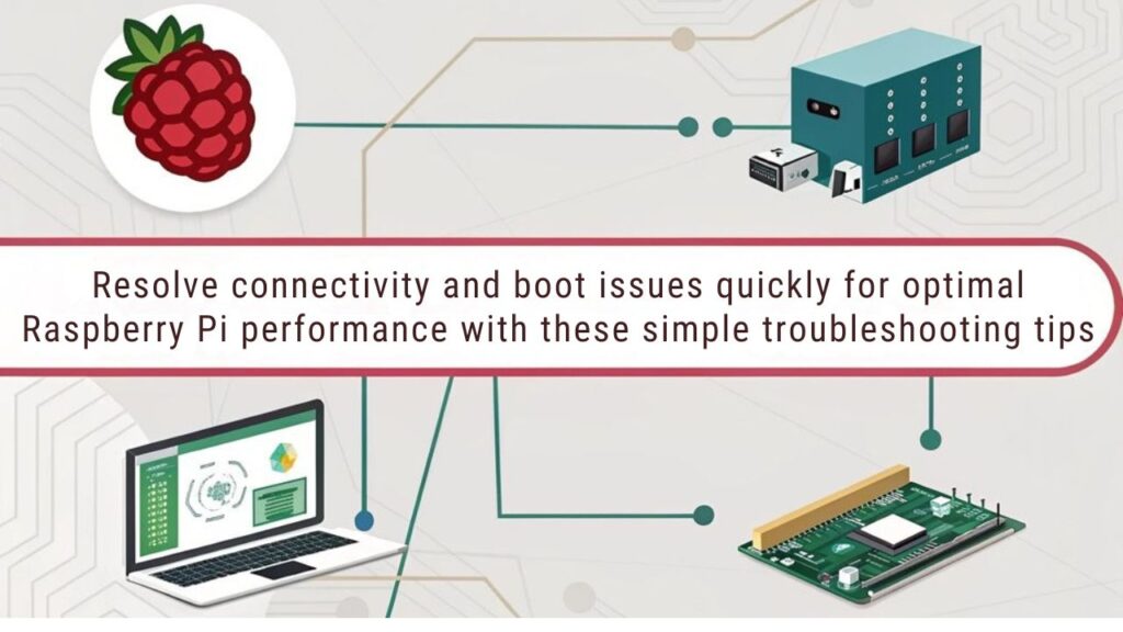 An infographic showcasing troubleshooting common issues when optimizing your Raspberry Pi setup using Raspberry Pi Imager. Include steps for resolving connectivity, booting, and performance problems.