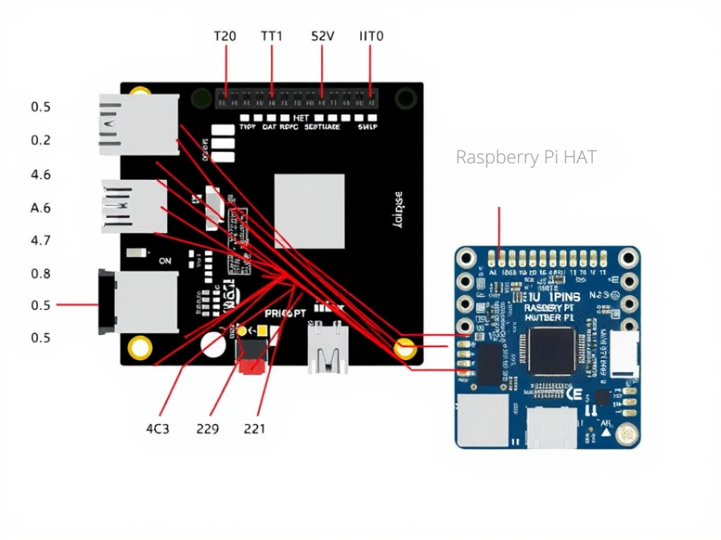 Diagram of a Raspberry Pi’s GPIO pinout and how a Raspberry Pi HAT connects to enable hardware communication.