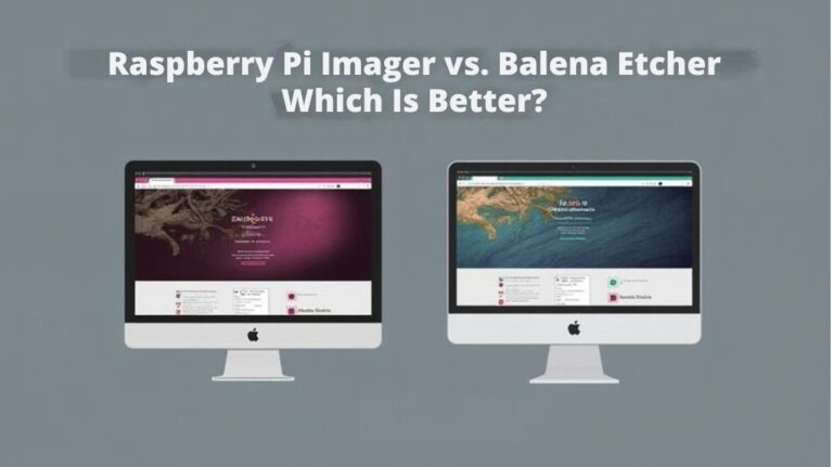:A realistic image depicting a comparison of Raspberry Pi Imager and Balena Etcher on a computer screen. Each software interface is visually highlighted, showcasing their unique features and user-friendliness.