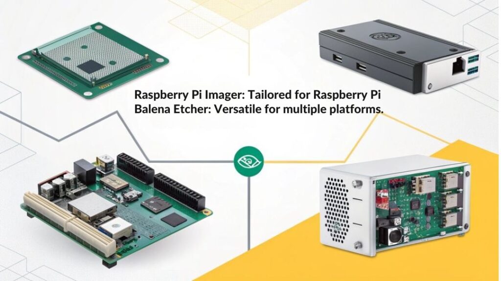 An infographic comparing Compatibility and Availability of Raspberry Pi Imager vs Balena Etcher. Highlight key features, supported devices, and user accessibility.