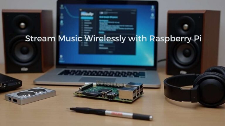 A realistic image of a Raspberry Pi with Bluetooth audio setup, surrounded by speakers and headphones. Tools and a laptop display the configuration screen