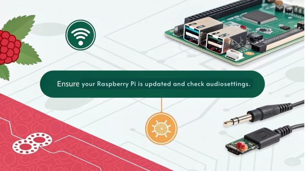 :An infographic about checking system compatibility for troubleshooting common Raspberry Pi audio issues. Highlight key compatibility factors, common problems, and solutions.