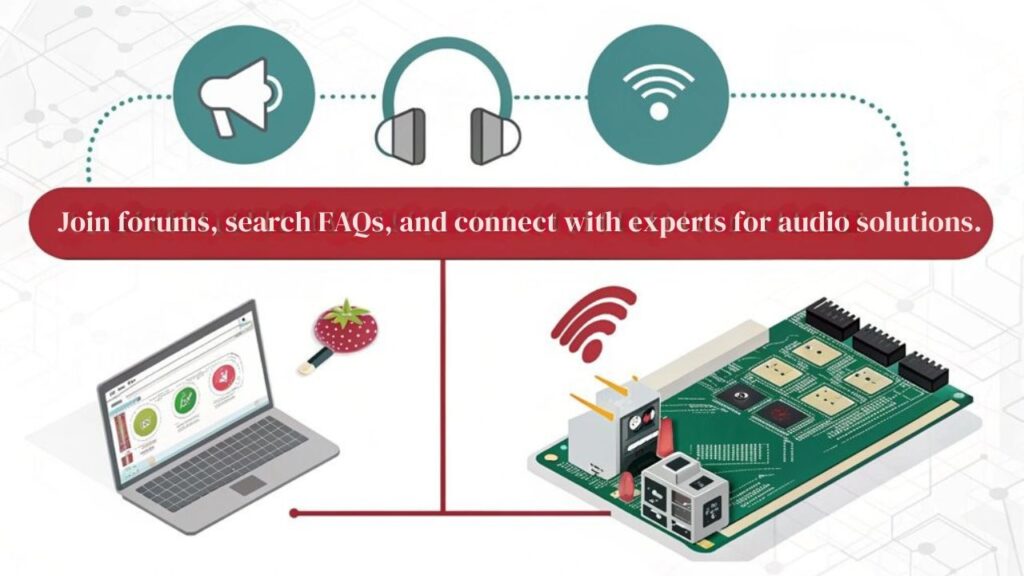 An infographic about Seeking Online Support in Troubleshooting Common Raspberry Pi Audio Issues. Include steps to find help, forums to visit, and community tips.