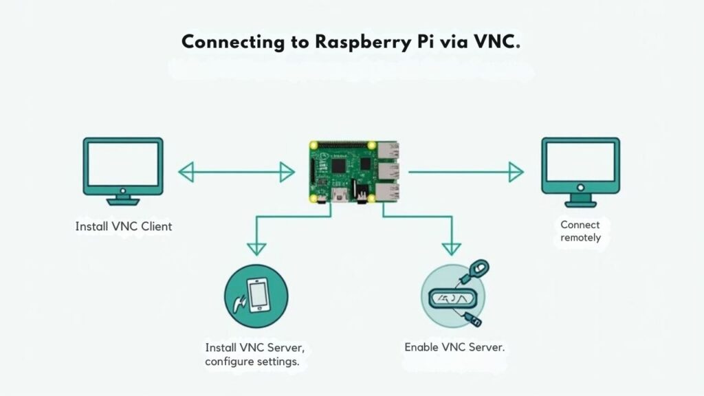 An infographic about Connecting to Raspberry Pi via VNC, highlighting steps to unlock VNC power on Raspberry Pi.