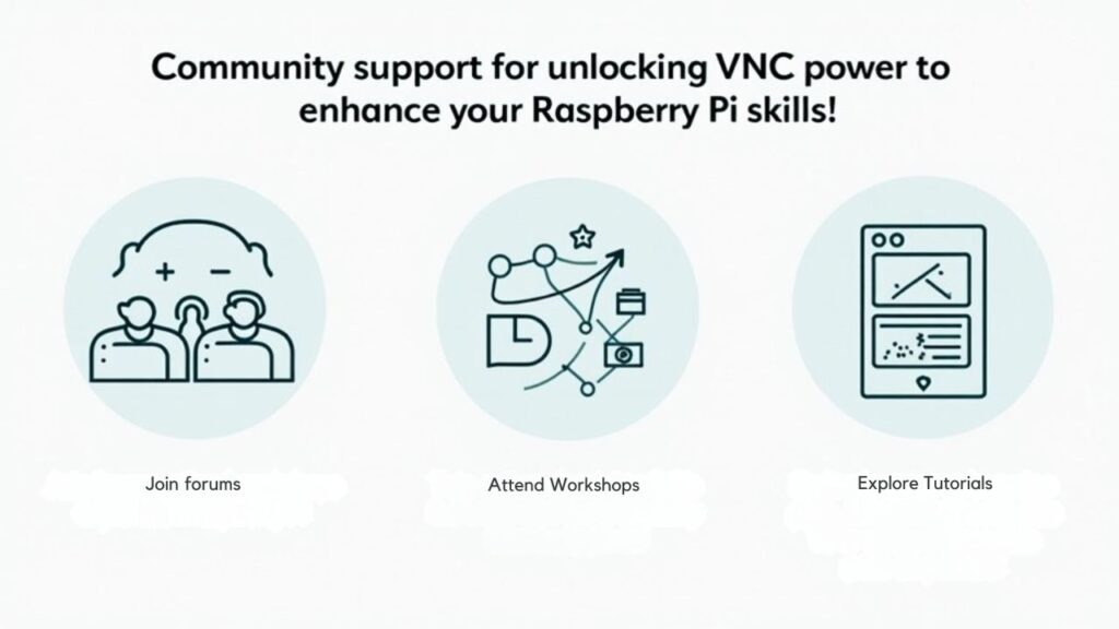 An infographic showcasing community support and learning opportunities for unlocking VNC power on Raspberry Pi. 