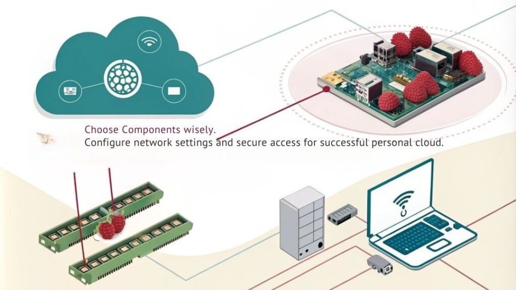 An infographic showcasing the steps to configure a web server on a Raspberry Pi as personal cloud storage.