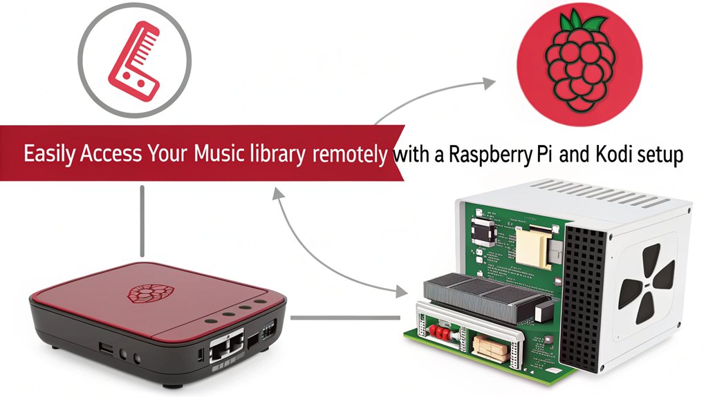 An infographic showcasing Remote Access for setting up a Raspberry Pi Music Server with Kodi. Highlight key steps, benefits, and needed tools.  