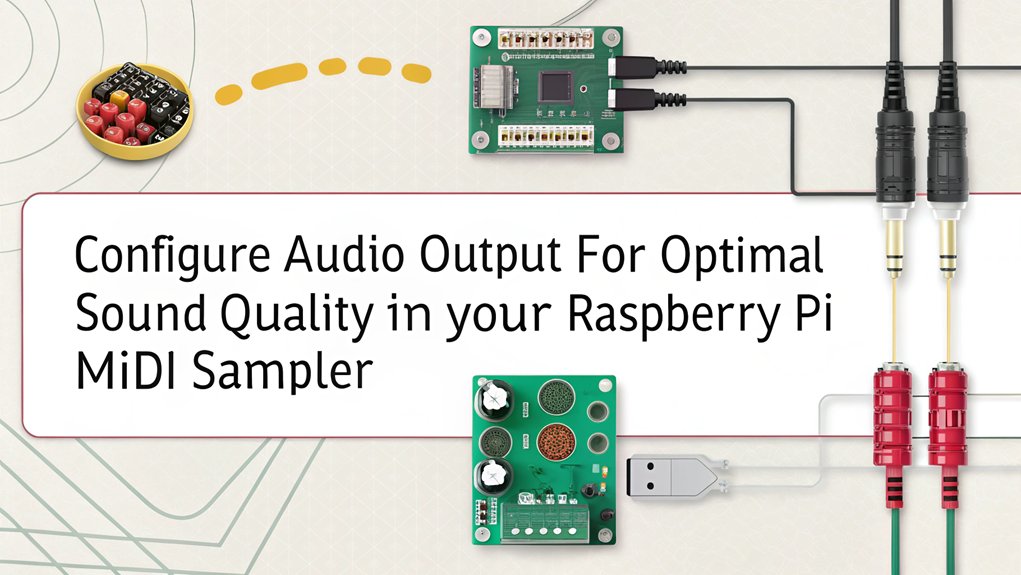 An infographic illustrating the steps to configure audio output for a MIDI sampler using a Raspberry Pi. Include visuals of connections and settings.