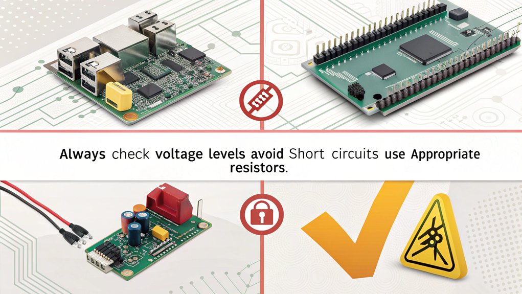 An infographic highlighting the risks and precautions when powering your Raspberry Pi 5 through GPIO pins. Focus on safety, potential damage, and best practices.
