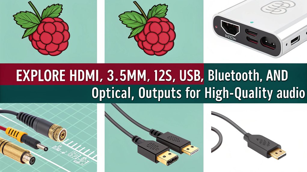 An infographic comparing six audio output methods for Raspberry Pi mastering. Highlight the pros and cons of each method, illustrating key features and performance metrics.