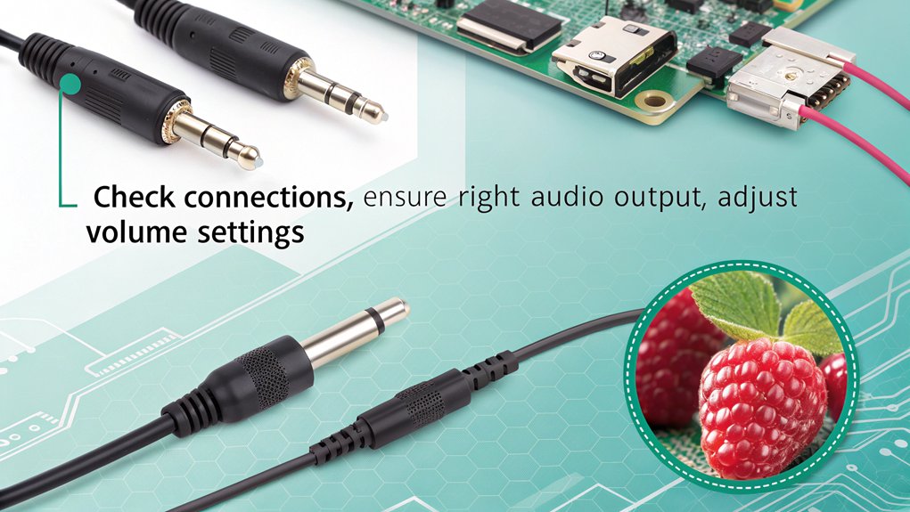 An infographic highlighting common sound issues with Raspberry Pi audio troubleshooting. Illustrate misconfigurations, cable problems, and volume settings.