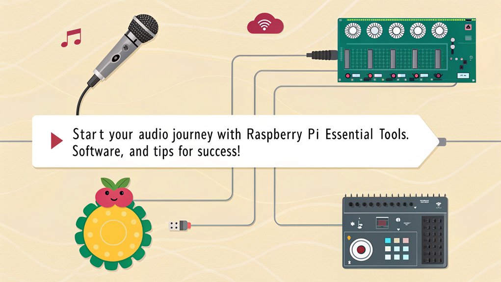 An infographic about Recording Audio with Raspberry Pi: a Beginner's Guide. Focus on essential equipment, software options, and step-by-step setup instructions.