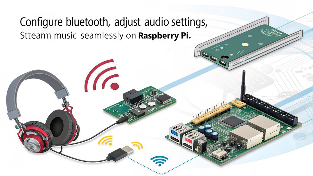 An infographic depicting Audio Settings and Configuration for setting up Bluetooth audio on Raspberry Pi. Illustrate steps to stream music wirelessly.