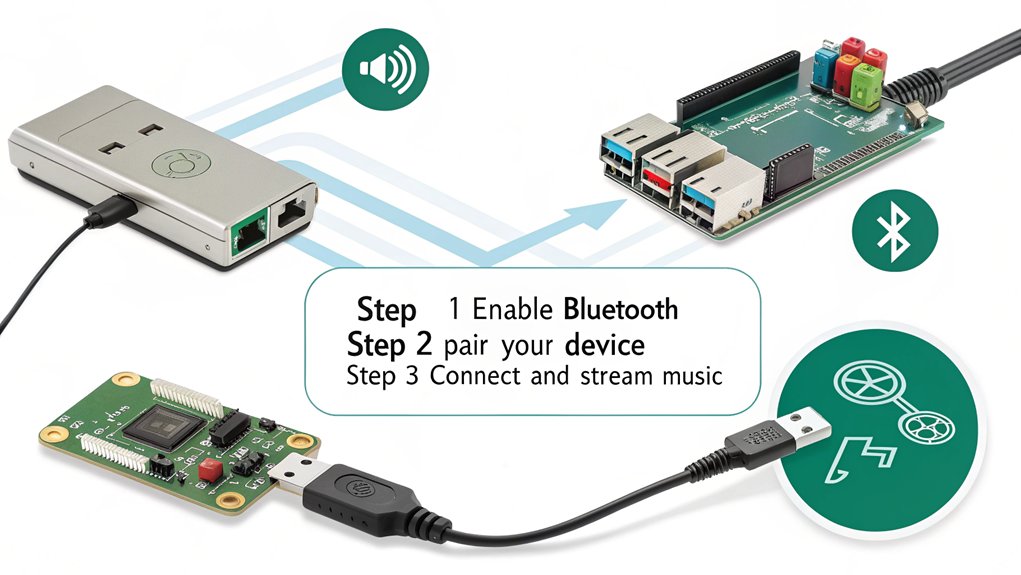 :An infographic showcasing the steps to connect Bluetooth devices for audio streaming on a Raspberry Pi.