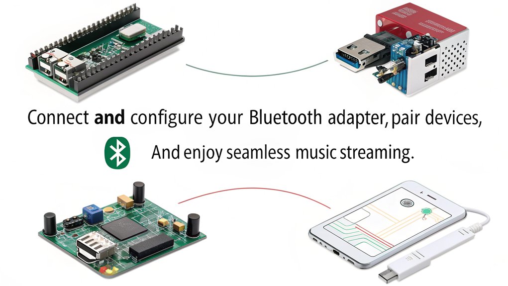 An infographic illustrating the setup process for Bluetooth audio on Raspberry Pi starting with the adapters and devices to stream audio wirelessly.