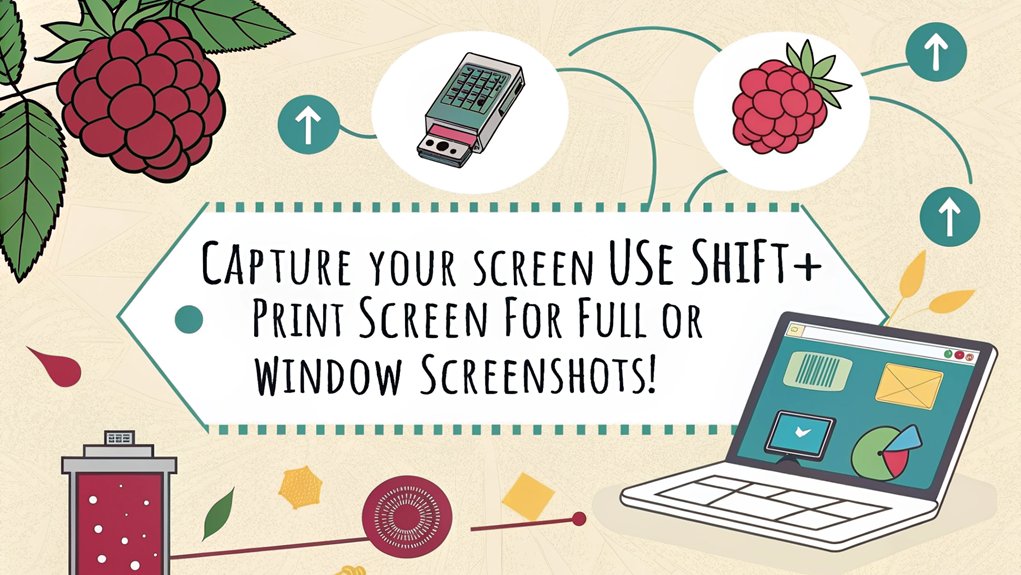 An infographic showcasing tips for effective screenshots with Raspberry Pi OS. Highlight key methods, shortcuts, and best practices.