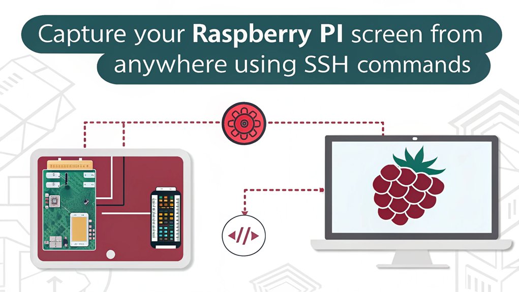 An infographic showing the steps to take remote screenshots with SSH on Raspberry Pi OS.