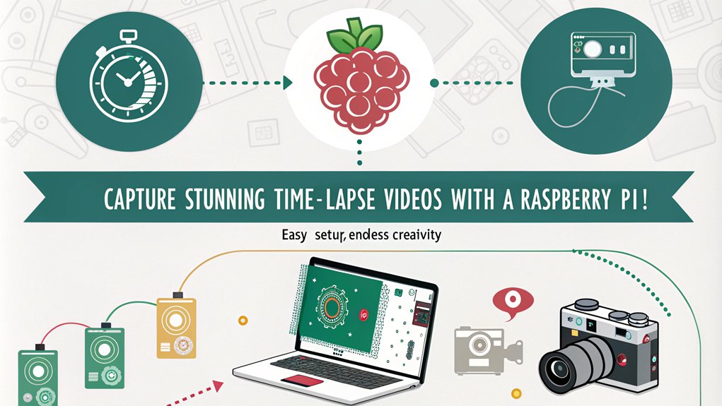 An infographic showcasing a Time Lapse Camera project using Raspberry Pi for beginners. Highlight its features, setup process, and creative applications.