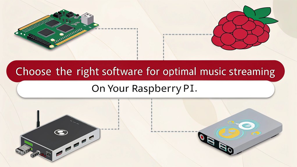 An infographic about Software Selection for setting up a Raspberry Pi Music Server with Kodi. Highlight key software choices, benefits, and steps.