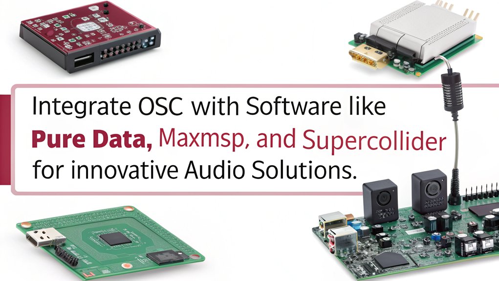An infographic showcasing the integration of OSC Protocol with various tools on Raspberry Pi for advanced audio projects. Highlight key software and setup steps.