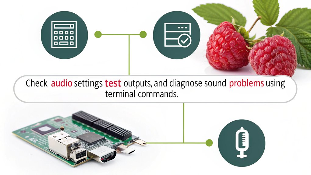 An infographic illustrating how to use command line tools for troubleshooting common Raspberry Pi audio issues.