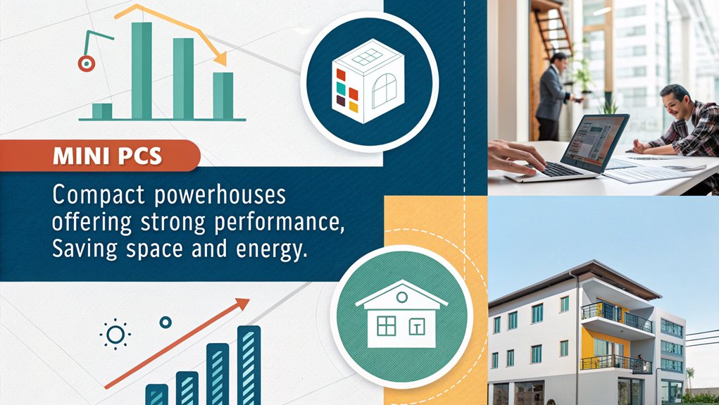 An infographic highlighting the Advantages of Mini PCs in the Great Performance Debate. Focus on performance, space efficiency, and energy savings.