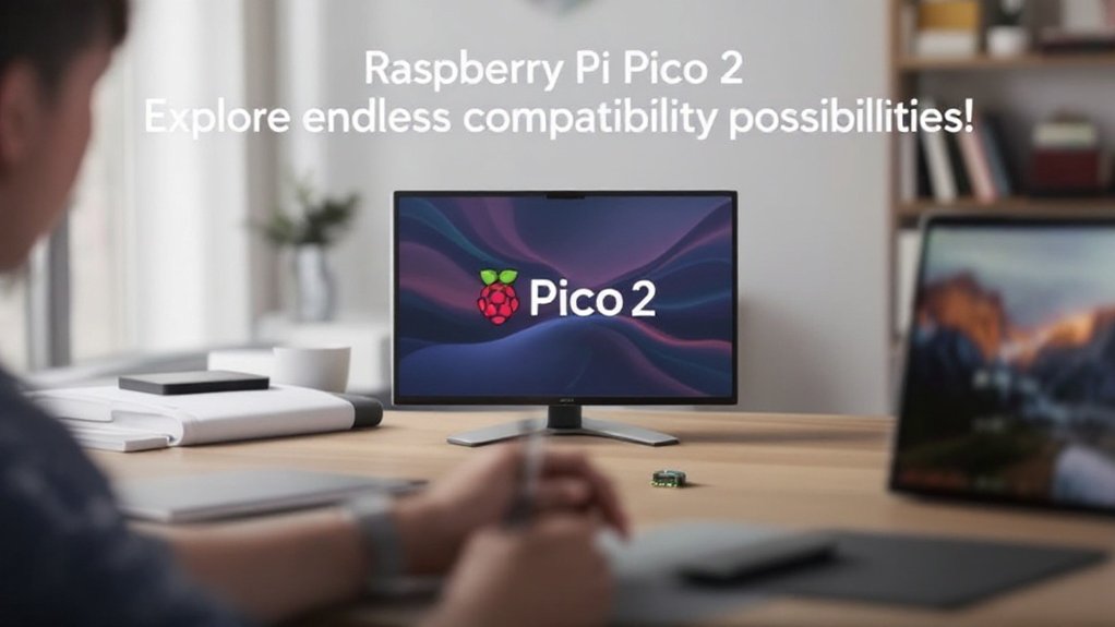 A realistic image showcasing the Raspberry Pi Pico 2 in a tech-savvy environment, highlighting its compatibility options with other devices.
