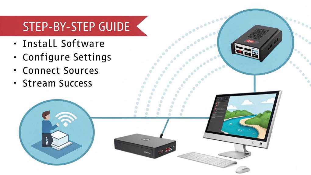 An infographic detailing the steps to set up source clients for Mini PC Icecast streaming, guiding users from beginner to pro.