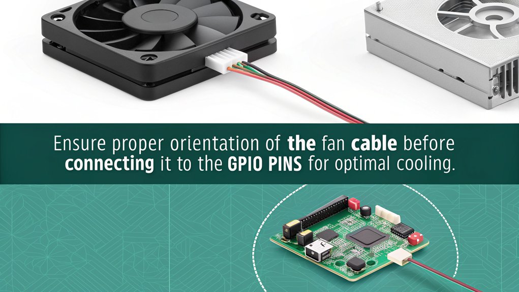 An infographic showcasing the steps for connecting the fan cable while installing the Raspberry Pi 5 cooling fan.