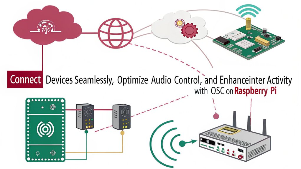 An infographic illustrating Networking and Communication using the OSC Protocol on Raspberry Pi for Advanced Audio Projects.