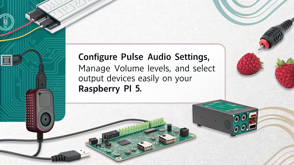 An infographic on managing volume and output devices while configuring Pulse Audio on Raspberry Pi 5. Clearly illustrate steps and tips for setup efficiency.