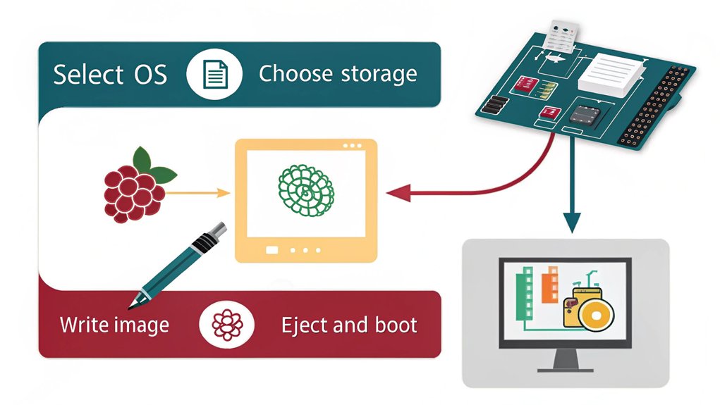 An infographic about writing the OS image for Raspberry Pi OS using Raspberry Pi Imager. It should include key steps and visuals to guide users through the process.
